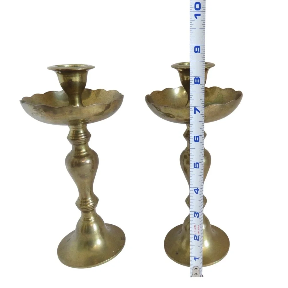 Vintage Solid Brass Scalloped Bobeche‎ Taper Candlestick Holders Pair 8.5 Inch